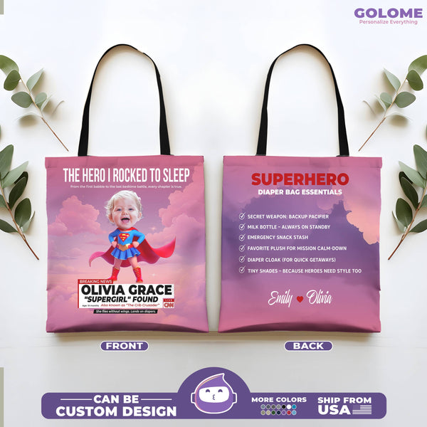 Personalized Supergirl Baby Tote Bag – Funny Superhero Gift for Mom with Custom Photo & Name